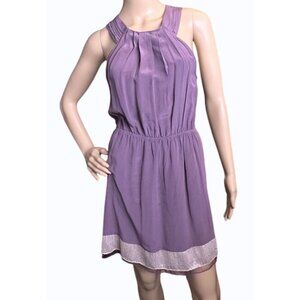 Ya Da Mauve Silk Pull-Over Tank Dress With Pleated Front & Metallic Hem Trim